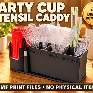 May include: A black plastic party cup and utensil caddy featuring labeled compartments for forks, knives, and spoons. The caddy includes a dedicated slot for a black marker and a section for cups, holding clear plastic cutlery, straws, and napkins.