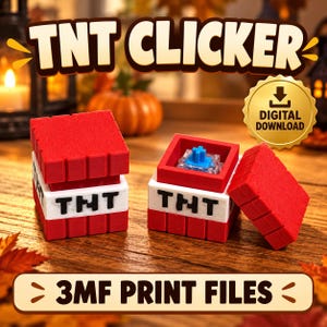 May include: A 3D printed TNT block keycap with a red top and bottom and a white middle section featuring the black text TNT. One block is closed, and another is open, revealing a blue mechanical keyboard switch inside. Text reads TNT CLICKER.