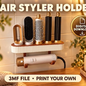 Puede incluir: Un soporte de pared para estilizador de cabello con base blanca estriada y detalles marrones, que sostiene varios accesorios y un secador. Texto: HAIR STYLER HOLDER, DIGITAL DOWNLOAD, 3MF FILE • PRINT YOUR OWN.