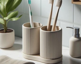Toothbrush Cup Set STL | Ribbed Bathroom Organizer | Japandi Style | Printable Tray + Holders | 3D Print Bathroom Storage