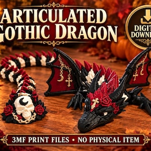 Puede incluir: Una figura de dragón articulado con un esquema de colores negro, blanco y rojo, con un motivo de calavera y luna creciente en la cola, y dijes dorados en las alas. El texto dice ARTICULATED GOTHIC DRAGON y 3MF PRINT FILES NO PHYSICAL ITEM.