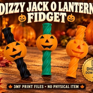 May include: Three Dizzy Jack O Lantern Fidget toys featuring orange pumpkin heads with black facial features on twisted stems in black, green, and orange. The text reads DIZZY JACK O LANTERN FIDGET, DIGITAL DOWNLOAD, and 3MF PRINT FILES NO PHYSICAL ITEM.