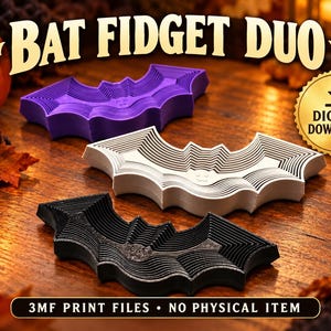May include: A digital download set of three bat-shaped fidget toys in purple, white, and black. The text reads BAT FIDGET DUO and 3MF PRINT FILES - NO PHYSICAL ITEM. Each bat features a layered, concentric wing design with a central bat face.