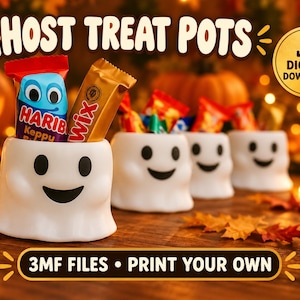 Ghost Treat Pot 3MF Files | Halloween Candy Bowl with Optional Face | Vase Mode Digital 3D Print Download