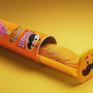 May include: An orange Pringles can with a cartoon image of Princess Peach and the words "Paprika Super Mario". The can is open, with potato chips spilling out onto a yellow tray with a Pringles mascot face.