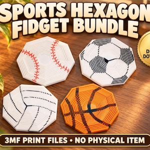 May include: A digital download bundle of four sports-themed hexagon fidget designs. The set includes a white baseball with red stitching, a white and black soccer ball, a white volleyball with black lines, and an orange basketball with black lines.