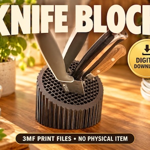 May include: A black, cylindrical knife block with a textured, ribbed exterior and a honeycomb-patterned top insert. Several kitchen knives with metal and wooden handles are inserted into the block. Text reads KNIFE BLOCK and DIGITAL DOWNLOAD.