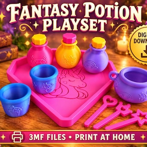 Pode incluir: Um conjunto de brincar de poções de fantasia com uma bandeja em forma de coração com um design de unicórnio, três garrafas pequenas com tampas amarelas e rosas, dois copos azuis, um caldeirão roxo e três varinhas. O texto diz FANTASY POTION PLAYSET, DIGITAL DOWNLOAD e 3MF FILES PRINT AT HOME.