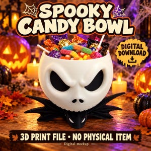 May include: A white 3D printed candy bowl shaped like a skull with a black bat-like collar, filled with assorted colorful candies. The text reads SPOOKY CANDY BOWL, DIGITAL DOWNLOAD, and 3D PRINT FILE - NO PHYSICAL ITEM. Digital mockup.