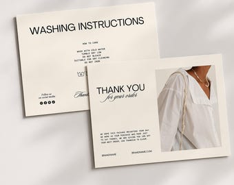 May include: Two cream-colored cards with black text. One card reads "WASHING INSTRUCTIONS" and details care instructions. The other card says "THANK YOU for your order" and includes a photo of a white shirt. Social media icons are visible.