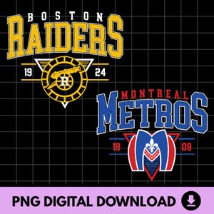 May include: Two sports team logos on a black grid background. The top logo reads "BOSTON RAIDERS" in yellow, with a cannon emblem and the numbers "19" and "24". The bottom logo says "MONTREAL METROS" in blue, with a red and blue emblem and the numbers "19" and "09".