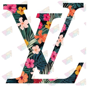 Op de afbeelding: Een witte afbeelding van de letters "LV" gevuld met een tropisch bloemenpatroon. Het ontwerp heeft een donkere achtergrond met groene bladeren en levendige roze, oranje en gele bloemen. De woorden "DO NOT COPY" staan op de afbeelding.