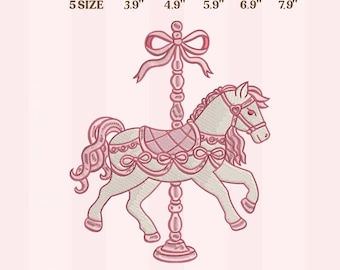 Diseño de bordado de caballo de carrusel, ideal para baby shower o habitación de niña, descarga instantánea en 5 tamaños.