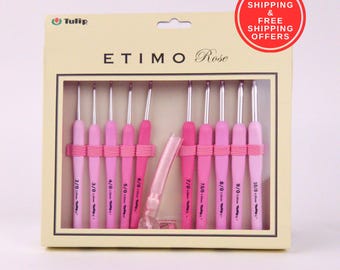 Tulip Etimo Rose Crochet Hook Set, Soft Grip Aluminum Hooks with Case, Crochet Gift Set, Ergonomic Hook Set 2mm to 6mm, US Shipper
