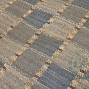 May include: A woven rug with a checkered pattern in shades of blue, gray, and beige. The design features squares and rectangles with brown and yellow accents. The rug has a textured appearance.