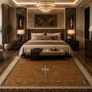May include: A luxurious bedroom featuring a large bed with neutral-toned bedding, a patterned rug, and a chandelier. The room has dark wood furniture, including nightstands and a dresser. A bench sits at the foot of the bed, and a potted plant adds a touch of greenery.