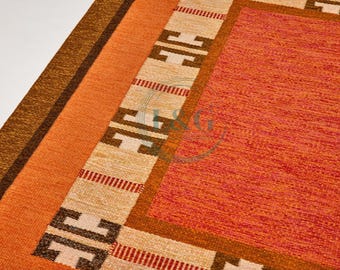 Large Handwoven Wool Kilim Rug, Rust Geometric Boho Decor