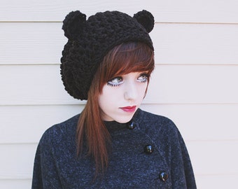 Kuma - Handmade Crochet Bear Ear Beanie Bear Beanie Slouchy Beanie Bear Ears