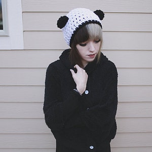 Artio - Handmade Crochet Panda Bear Ear Beanie Slouchy Beanie Panda Hat
