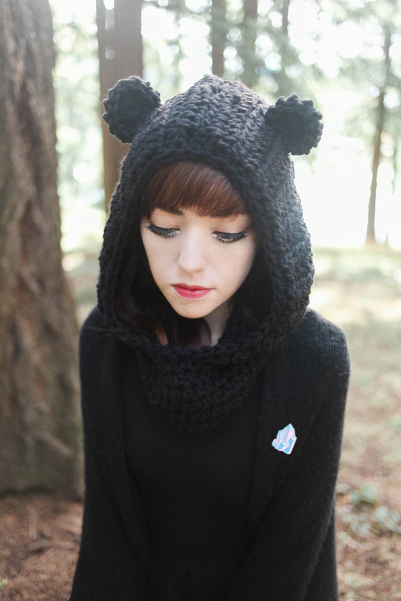 Black crochet hooded cowl with bear ears