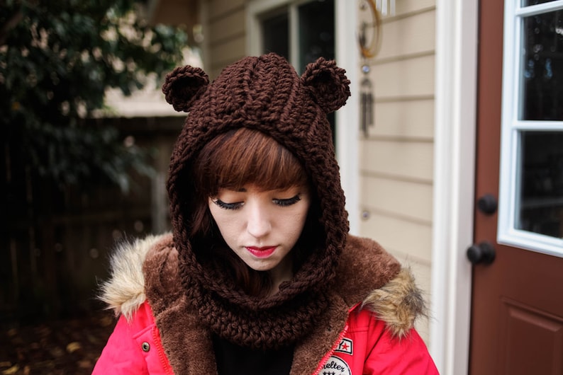 Brown bear ear hooded cowl crochet