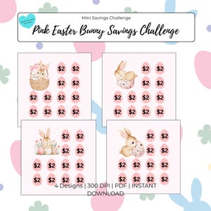 May include: A digital download featuring four designs for a "Pink Easter Bunny Savings Challenge." Each design includes illustrations of bunnies and eggs, with spaces to track savings in increments of $2. The text "Mini Savings Challenge" and "Pink Easter Bunny Savings Challenge" are displayed.