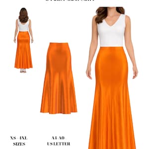 Könnte beinhalten: Ein orangefarbener 8-Panel-Maxirock, der in verschiedenen Ansichten gezeigt wird, darunter eine Person, die den Rock mit einem weißen Oberteil trägt. Das Bild enthält auch den Text "PDF Sewing Pattern" und "Digital Download". Größen XS-4XL verfügbar.