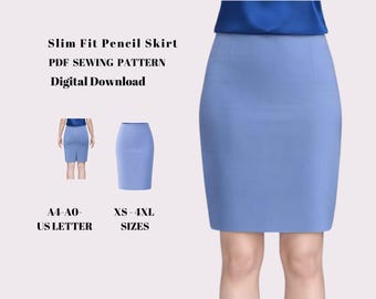 Slim Fit Pencil Skirt Sewing Pattern, High Waist Knee Length PDF (Digital Download)