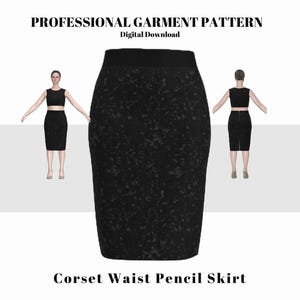 May include: Black corset waist pencil skirt digital garment pattern. The skirt is shown in a front and back view on a mannequin. The text "Professional Garment Pattern" and "Digital Download" are at the top of the image.