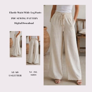 Può includere: Pantaloni color crema a gamba larga con vita elasticizzata e coulisse. L'immagine include il testo "Elastic Waist Wide-Leg Pants, PDF Sewing Pattern, Digital Download, A4-A0-US LETTER, XS-4XL SIZES."