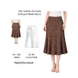 May include: A digital sewing pattern for an 8-panel midi skirt. The image shows a skirt with a leopard print, a line drawing of the skirt, and the text "PDF Sewing Pattern". Sizes XS-4XL are available. The pattern is a digital download.