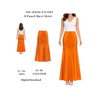 Puede incluir: Una falda larga naranja de 8 paneles. La imagen incluye una persona que lleva la falda, una falda sola y el texto "PDF Sewing Pattern 8 Panel Maxi Skirt" y "XS-4XL SIZES A4-A0- US LETTER Digital Download."