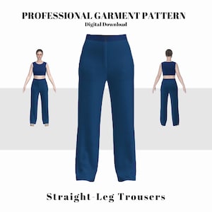 May include: A digital garment pattern for straight-leg trousers. The image features a pair of navy blue trousers with a textured pattern, flanked by two figures wearing matching navy blue crop tops and trousers. The text at the top reads "PROFESSIONAL GARMENT PATTERN DIGITAL DOWNLOAD".