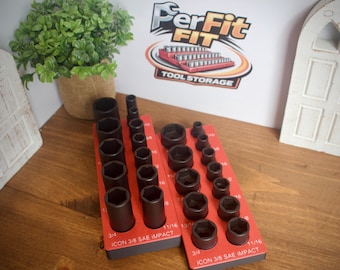 Magnetyczny organizer na nasadki udarowe ICON 3/8" | Uchwyt na narzędzia Gridfinity | Tacka SAE i metryczna | Druk 3D | Przechowywanie w skrzynce narzędziowej w garażu mechanika