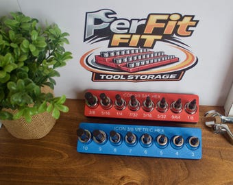 ICON 3/8 in Hex Ball Magnetic Socket Organizer | Gridfinity Tool Holder | SAE & Metric Tray | 3D Printed Garage Mechanics Toolbox Storage