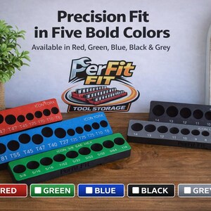May include: Tool organizers in red, blue, green, black, and gray, each with multiple holes for storing tools. The text on the organizers includes sizes and measurements. The image also features the "PerFit" logo and the text "Precision Fit in Five Bold Colors."