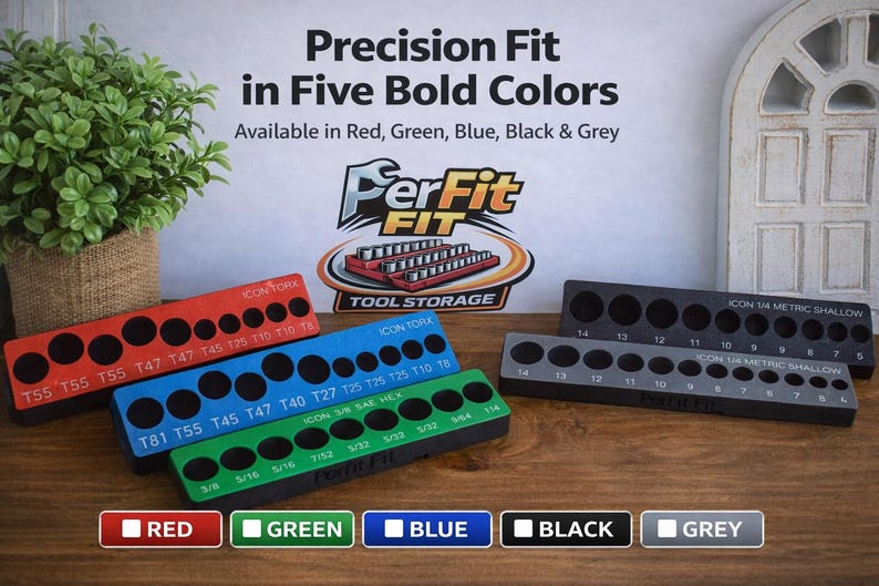 May include: Tool organizers in red, blue, green, black, and gray, each with multiple holes for storing tools. The text on the organizers includes sizes and measurements. The image also features the "PerFit" logo and the text "Precision Fit in Five Bold Colors."