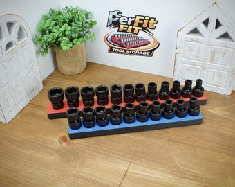 Magnetyczny organizer na nasadki udarowe obrotowe ICON 3/8" | Uchwyt na narzędzia Gridfinity | Tacka SAE i metryczna | Drukowana w 3D skrzynka narzędziowa do garażu mechanika