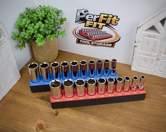 Organizer na płytkie i głębokie gniazda Quin 3/8" | Magnetyczna tacka na gniazda | Drukowany w 3D uchwyt na narzędzia | Przechowywanie narzędzi w garażu mechanika | Głęboka szyna na gniazda