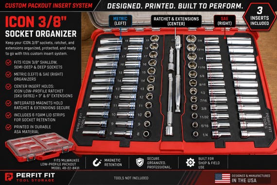 ICON 3/8" SAE Metric Socket Ratchet & Extension Packout Insert | Milwaukee Packout Organizer | 3D Printed Tool Tray | Toolbox Storage Holder