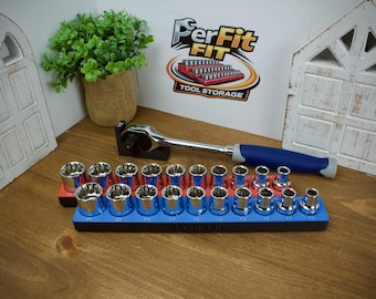 Zestaw Quin 21 nasadek 1/2" | Pasuje do zestawu nasadek SAE i metrycznych Quin 64538 | Uchwyt na nasadki i grzechotkę w skrzynce narzędziowej | Organizer do szuflady na narzędzia