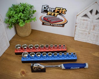 Zestaw 21 nasadek Quin 3/8" | Pasuje do zestawu nasadek SAE i metrycznych Quin 64536 | Uchwyt na nasadki i grzechotkę w skrzynce narzędziowej | Organizer do szuflady na narzędzia