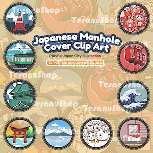 Puede incluir: Una colección de ilustraciones de clip art circulares con diseños de tapas de alcantarillas japonesas. Los diseños incluyen la Torre de Tokio, muñecas Daruma, un tren, linternas, una ola, un santuario, el Monte Fuji y gatos de la suerte. El texto dice "Japanese Manhole Cover Clip Art".