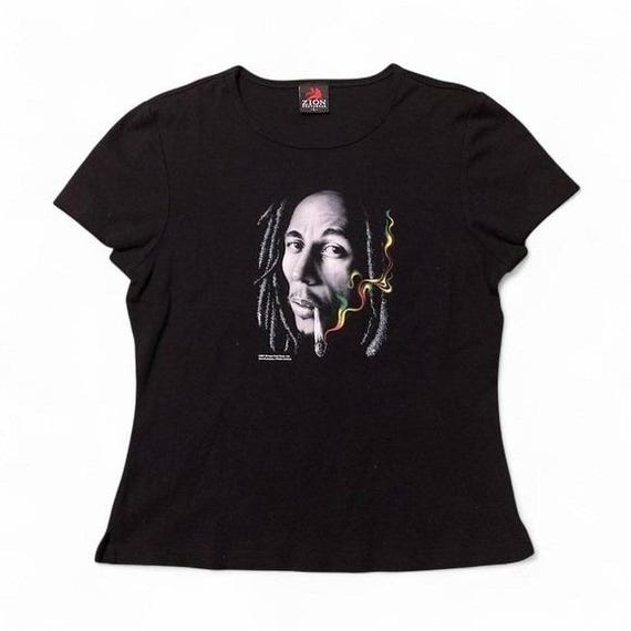 Bob Marley black baby tee Zion Roots Rasta reggae y2k 07' L/16.5