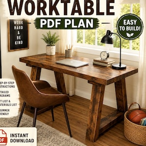 May include: A digital PDF plan for a wooden worktable featuring step-by-step instructions, detailed diagrams, and a materials list. The image displays a rustic brown wooden desk with a laptop, a black lamp, and a brown chair in a room.