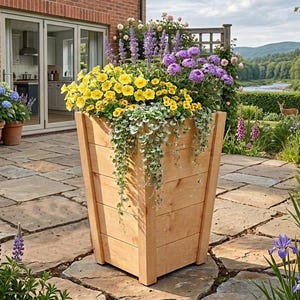 May include: A large, light-colored wooden planter box filled with vibrant yellow, purple, and green flowers. The planter is rectangular with a tapered design and is placed on a stone patio. The background includes a brick building and lush greenery.