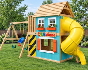 May include: A wooden playhouse with a light blue exterior, a natural wood roof, and a bright yellow spiral slide. It features a swing set with two green swings and one blue bucket seat, orange window boxes with flowers, and a sign reading CLUB House.