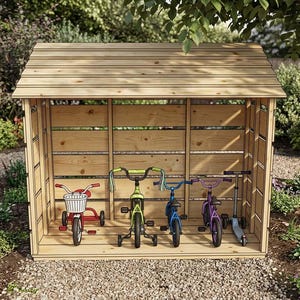 May include: A wooden shed with a sloped roof houses a red tricycle, two tricycles, and a scooter. The tricycles are green and blue. The scooter is purple. The shed is made of light-colored wood and sits on a bed of gravel, surrounded by greenery.