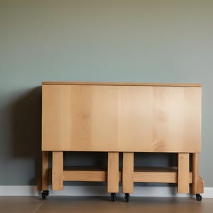 May include: A light-colored wooden folding table with a rectangular top and two sets of legs. The table is on wheels and is against a light green wall.