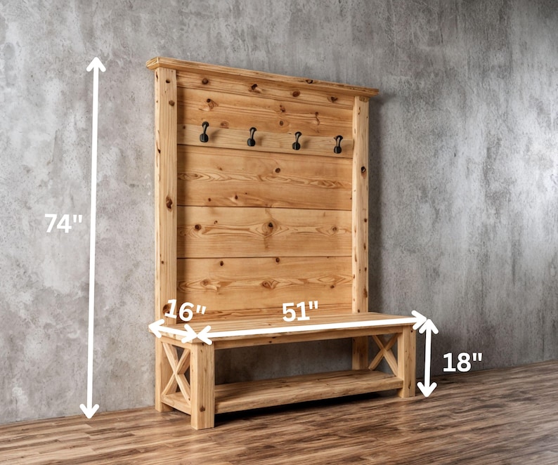 May include: A wooden entryway bench and coat rack combination. The bench is 130 cm wide, 46 cm high, and 41 cm deep. The coat rack is 188 cm tall and features five black hooks. The wood has a natural finish.